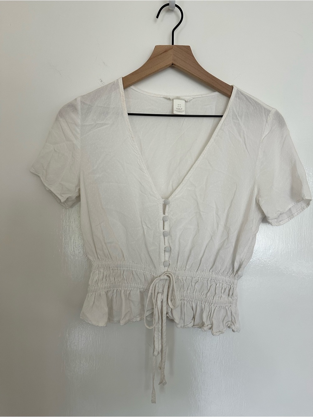 Womens Lightweight White V-Neck Tie-Waist Top, Size XS, H&M